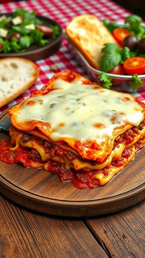 A delicious cheesy lasagna with bubbling cheese and layers of meat sauce on a rustic table with garlic bread.